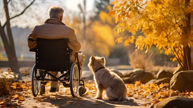 Lonely senior man in a wheelchair with dog in nursing home looking out the window