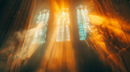 Sunlight shining through the window, a closeup view of large church windows reveals sun rays and light effects, creating an atmosphere of tranquility and spiritual warmth.