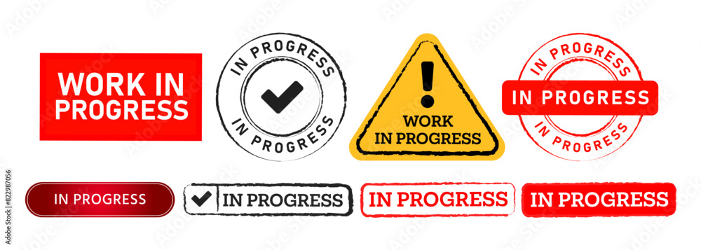 Poster in progress square circle rubber stamp and button for business work process
