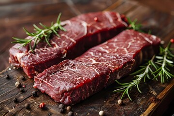 Marbled Flank Steaks with Aromatic Rosemary and Peppercorns on Wooden Surface