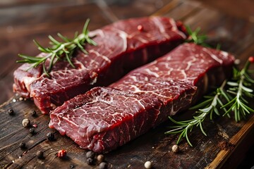 Fototapeta premium Marbled Flank Steaks with Aromatic Rosemary and Peppercorns on Wooden Surface