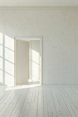 An empty room with a white-colored background, simple and clean, with an open door on one wall.