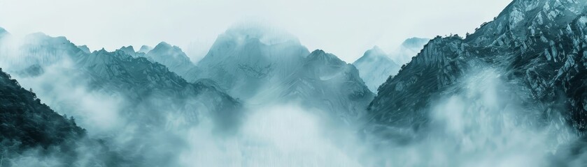 Rolling fog over mountain pass offers a serene backdrop with space for text at the bottom