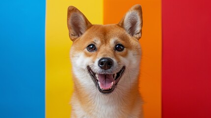 Adorable Shiba Inu puppy smiling and peeking out from behind a blue wall, studio shot
