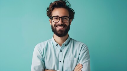 Fototapeta premium Confident and Cheerful Young Business Executive Posing in Professional Office Environment