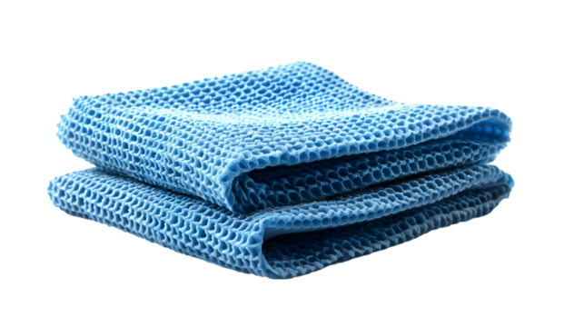Blue new folded sponge cloth for cleaning isolated on a transparent background