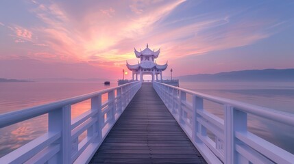 White buildings and pink sky on a beautiful background of endless sea horizon