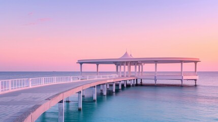 White buildings and pink sky on a beautiful background of endless sea horizon