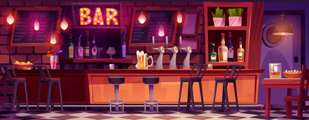 Bar table and pub interior cartoon background. Drink beer or cocktail in cafe at night. Restaurant or nightclub furniture with pump, dinner desk and craft alcohol bottle. Cafeteria with illumination