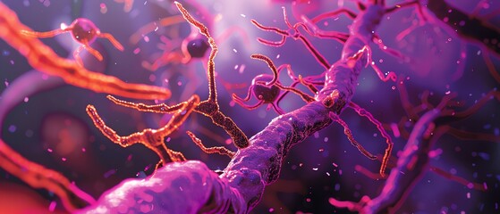 Close-up of neurons with glowing connections depicting a neural network in a vibrant and futuristic style.