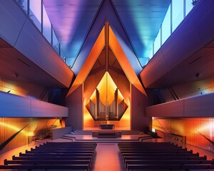 The interior of a modern church with colorful lighting