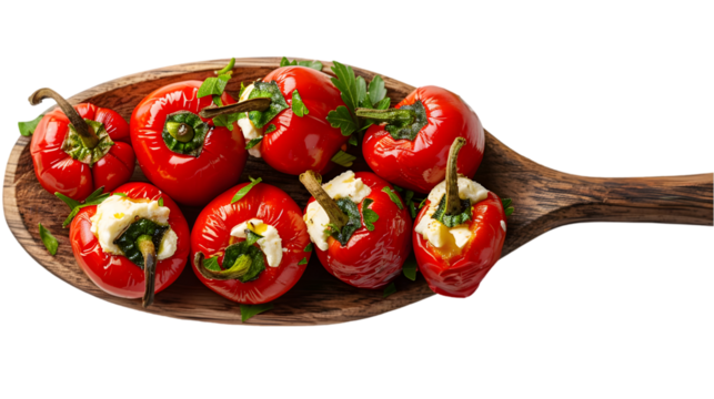 Cherry red peppers stuffed with soft cheese in wooden spoon isolated on a transparent background