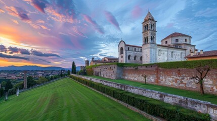 Naklejka premium Italian cathedral and ancient castle buildings with stunning views and green grass