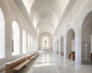 A long, narrow room with a high, arched ceiling. The room is lit by sunlight streaming in through the tall, arched windows. The walls are lined with wooden benches. At the end of the room is a simple