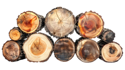 Cross section of tree trunks, stumps isolated on a transparent background