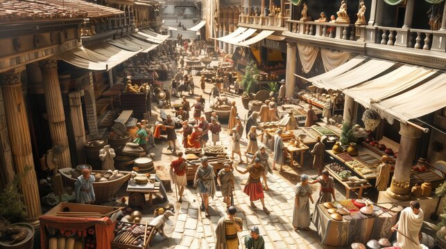 A bustling Roman marketplace with merchants, traders, and citizens in togas, vibrant stalls, and lively chatter.