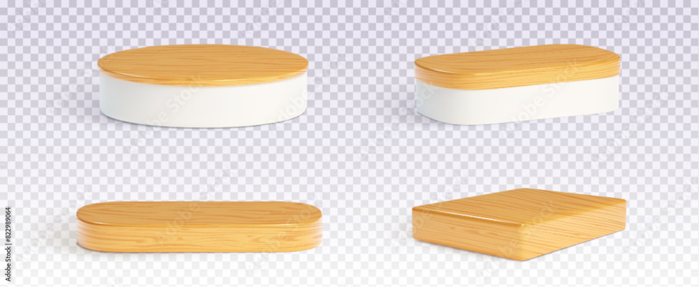 Poster wooden round and rectangular product podium with shadow on transparent background. realistic 3d vect