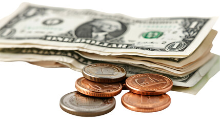 Folded one dollars bills and coin quarter cents isolated on a transparent background