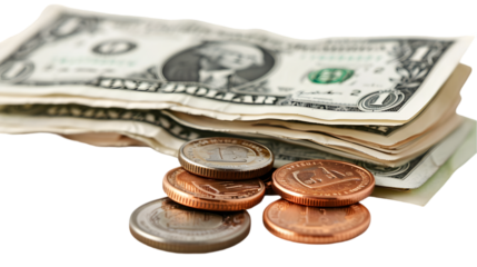 Folded one dollars bills and coin quarter cents isolated on a transparent background