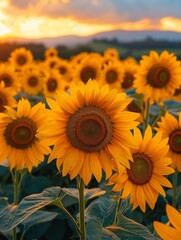 Obraz premium Sunflower field at sunset, with an isolated yellow background and ample top copy space