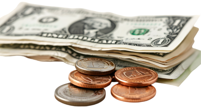 Folded one dollars bills and coin quarter cents isolated on a transparent background