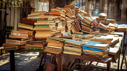 An outdoor market stall with various old books, vibrant covers, and genres displayed, attracting curious readers.
