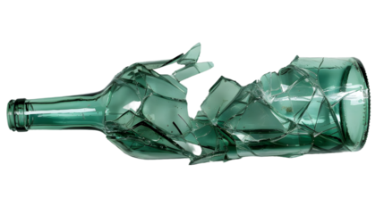 Glass shards, broken wine bottle isolated on a transparent background