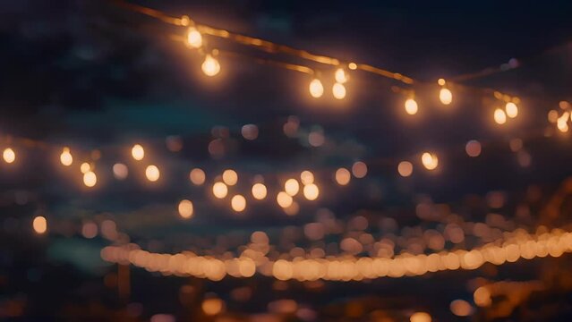 Decorative lights strung above the festival grounds illuminating the evening festivities.