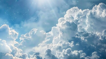 A heavenly display featuring fluffy clouds and shimmering stars, super realistic