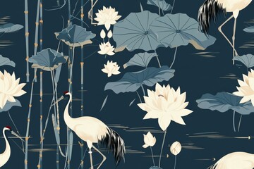 Seamless Pattern with Cranes, Lotus Flowers, and Bamboo
