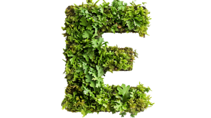 Green moss in shape alphabet letter E isolated on a transparent background