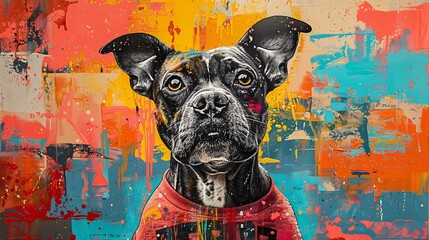 Contemporary artwork of a dog in a t-shirt with a vibrant and abstract background