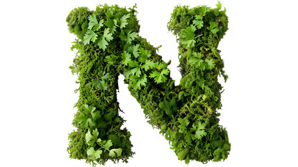 Green moss in shape alphabet letter N isolated on a transparent background