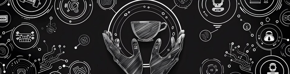 AI Tech Doodle Banner on Black Background