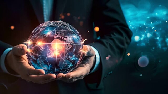 Businessman hand holding global network connection on dark background , Technology connection concept