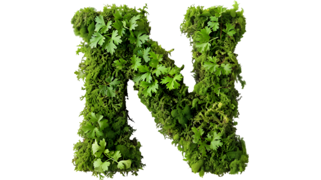 Green moss in shape alphabet letter N isolated on a transparent background
