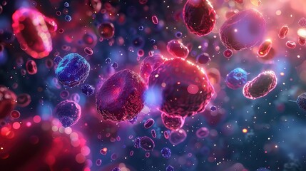 Nanotechnology in medicine, tiny robots in bloodstream, advanced biotech, glowing particles, vibrant colors, photorealistic