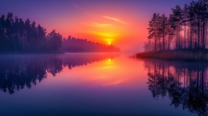 Obraz premium Sunset paints calm lake with vibrant orange and purple sky, offering wide space above