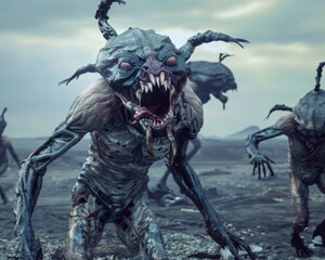 The haunting presence of mutated creatures in a post-apocalyptic world, super realistic