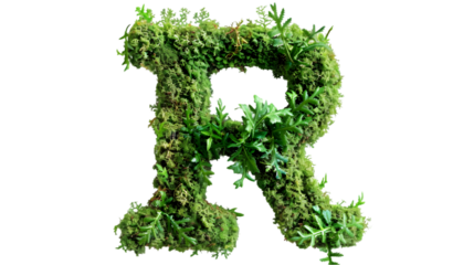 Green moss in shape alphabet letter R isolated on a transparent background