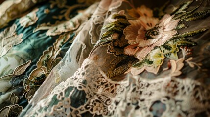 Intricate floral details and rich textures of vintage fabrics, such as lace, embroidery, or tapestries, highlighting their timeless elegance 