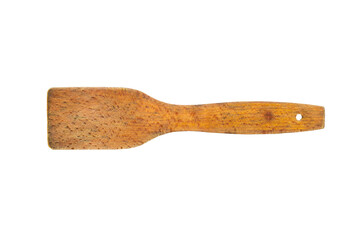 Old wooden spatula isolated on white background. Close-up of wooden kitchen utensils.