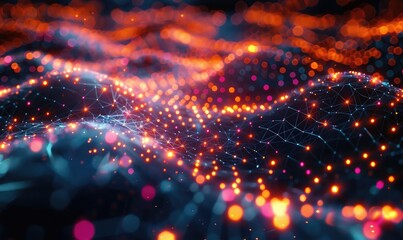 Neural network visualization, interconnected nodes, glowing lines, deep learning concept, vibrant colors, cyberpunk style