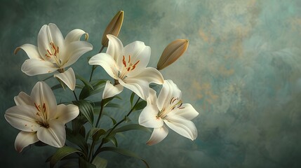 White lilies in a garden setting, with soft lighting highlighting their purity and elegance, making a tranquil and sophisticated wallpaper. List of Art Media Photograph inspired by Spring magazine