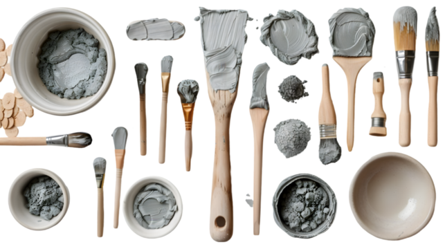 Grey modelling clay sculpture with modelling tools isolated on a transparent background