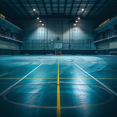 An atmospheric shot of an empty indoor futsal court with dramatic lighting and marked lines, setting the stage for a game, great for facility promotions and event invitations.