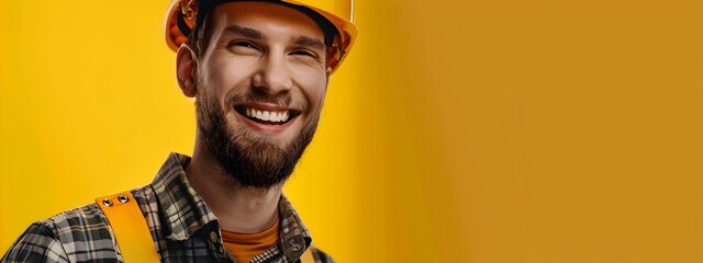 Confident Plant Engineering Technician Wearing Hard Hat Smiling on Color Background