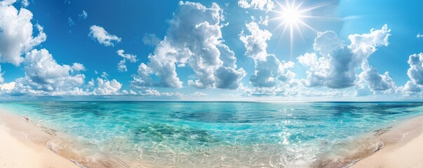 Tropical beach with clear turquoise water against an isolated bright blue background offers wide...