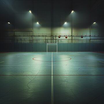 An atmospheric shot of an empty indoor futsal court with dramatic lighting and marked lines, setting the stage for a game, great for facility promotions and event invitations.