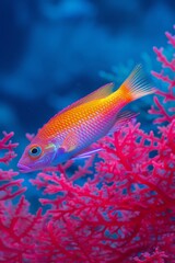 Fototapeta premium The vibrant reef fish swim gracefully amidst the isolated bright blue backdrop, offering ample bottom space for text